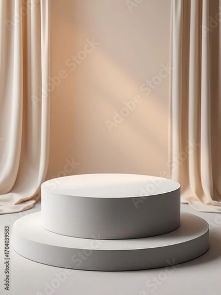 Fototapeta Minimalist white pedestal display with soft draped curtains