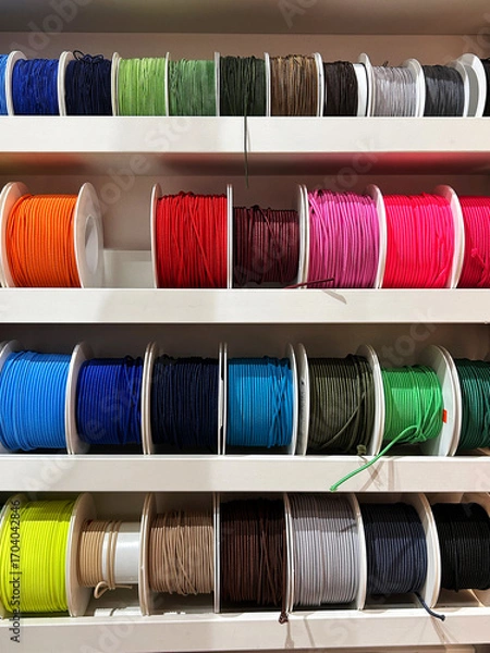 Fototapeta Shelves filled with organized spools of colorful cord for crafting and sewing
