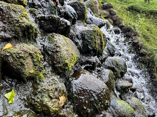 Fototapeta Close-up of wet moss-covered rocks with gentle water flowing across the surface.