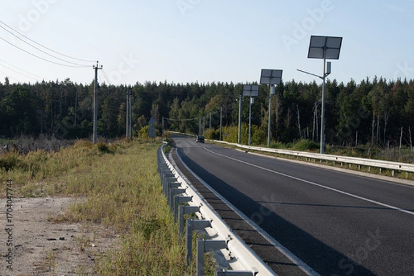 Fototapeta A long road stretches ahead, bordered by lush green trees and solar panels. The sunny day highlights the serenity of the rural landscape, blending nature with modern technology