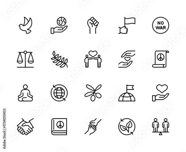 Obraz Peace related vector linear icons set. Contains such icons as equality, friendship, tolerance, cooperation, solidarity, diplomacy, peace symbol, dove, olive branch and more.