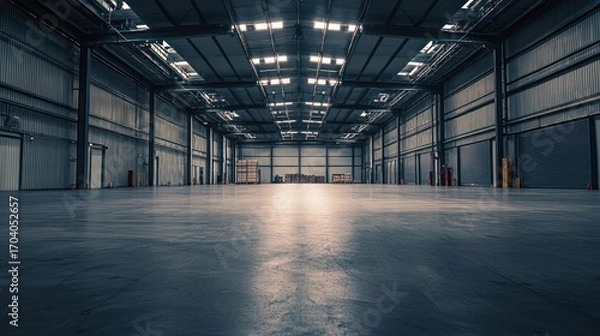 Fototapeta A large, empty warehouse with metallic walls and a concrete floor.