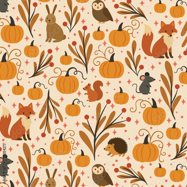 Obraz Autumn Harvest Whimsical Seamless Pattern with Pumpkins, Woodland Animals and Fall Foliage on Beige Background