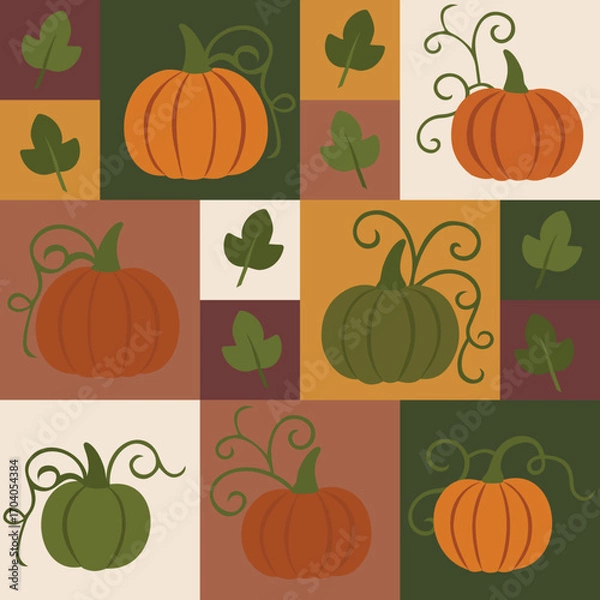 Obraz Harvest Thanksgiving Bauhaus Seamless Pattern with Pumpkins, Autumn Leaves and Geometric Blocks