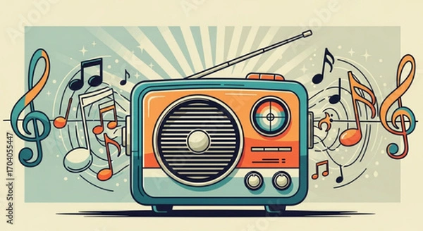 Fototapeta A retro radio surrounded by musical notes and treble clefs, set against a radial background, evoking nostalgia, music, and vintage themes