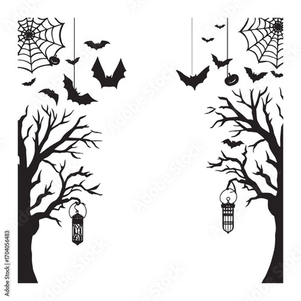 Fototapeta Spooky halloween silhouettes of trees bats and cobwebs with lanterns