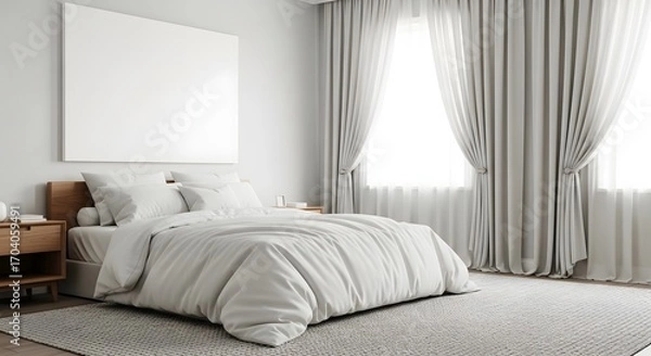 Fototapeta Elegant bedroom interior with blank canvas mockup and soft lighting for wall art display