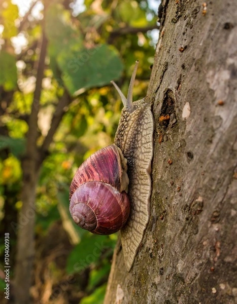 Obraz A snail on a tree trunk in sunlight