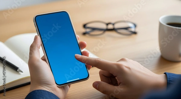 Obraz Modern person using smartphone app mobile phone screen