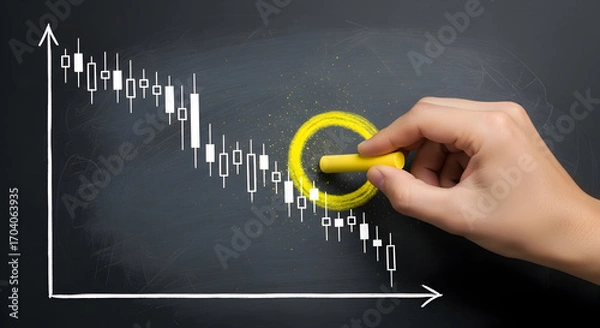 Obraz Market downturn graph drawn on blackboard with chalk hand drawing circle around potential turning point business concept