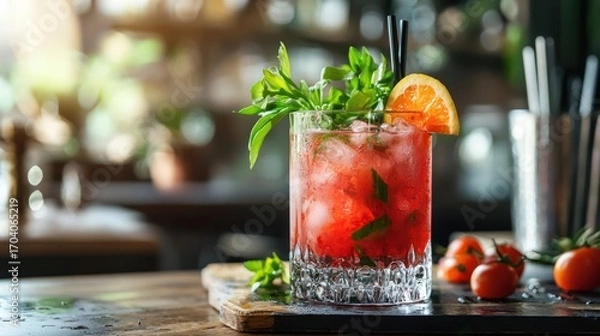 Fototapeta A vibrant red cocktail with ice, garnished with a slice of orange and basil leaves, served in a clear glass on a wooden tray with fresh tomatoes and a blurred background of a restaurant setting.