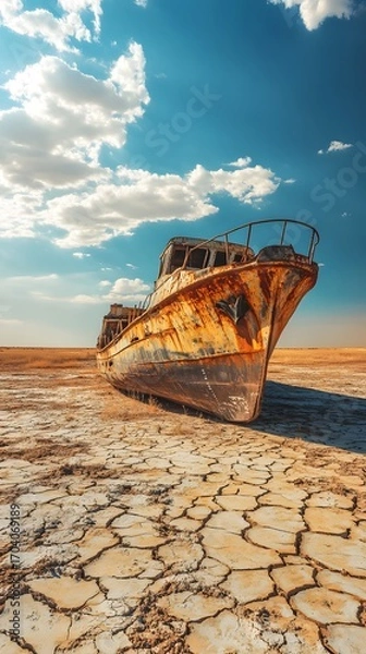 Fototapeta Front view of a rusty abandoned ship on cracked dry ground under blue sky shipwreck photo