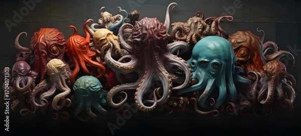 Fototapeta Tiny figures from life Medusa kraken,generative AI