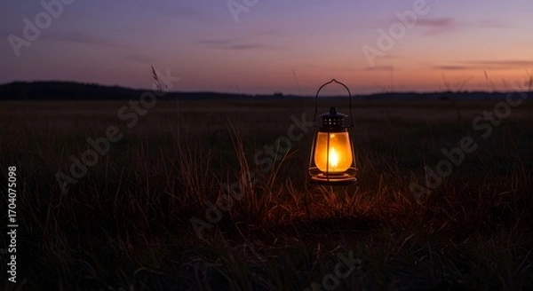 Fototapeta A glowing lantern in the middle of an empty field, symbol of hope.