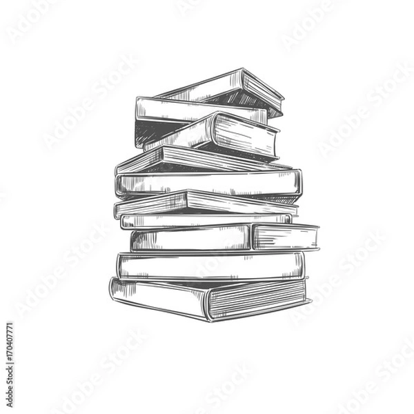 Obraz Wektor ilustracja w stylu szkicu. Biblioteka, stos książek