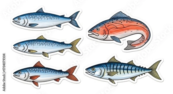 Fototapeta Whimsical, doodle-style fish stickers. Each sardine, salmon, and mackerel is rendered in bright crayon with a playful, child-like energy, celebrating Portugal's maritime charm.