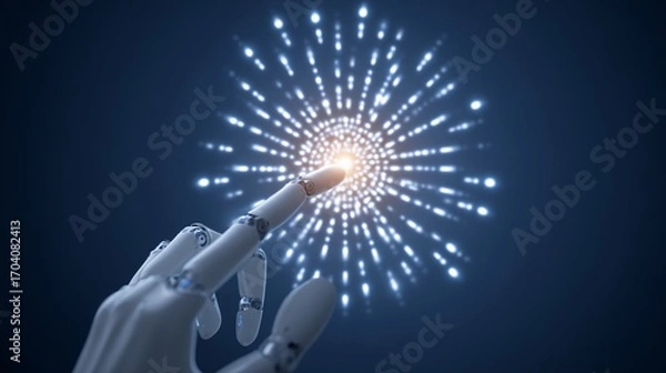 Fototapeta Robotic hand interacts with radiant point, surrounded by lights on dark background