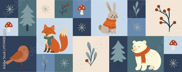 Obraz Winter Whimsical Bauhaus Horizontal Banner with Forest Animals, Geometric Shapes and Snowy Elements