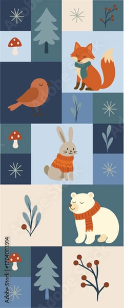 Obraz Winter Frozen Whimsical Bauhaus Banner with Geometric Forest Animals and Snowy Elements