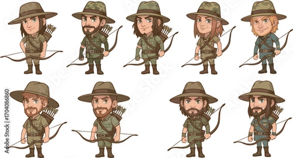 Fototapeta Cartoon wilderness archers and hunters with bows, arrows, rugged outfits, fantasy gear, diverse characters in forest survival vector illustration