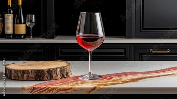Fototapeta Red Wine and Cured Meat Still Life on Dark Kitchen Counter