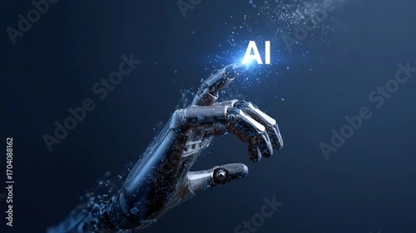 Fototapeta Robotic hand touches glowing "AI" text against a dark blue background