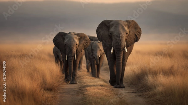 Obraz An elephant family is walking along the path in africa, photo-realistic, high-resolution, highly detailed. Ai generated