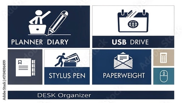 Fototapeta Desk Organizer Icons: Stylized Office Supplies and Productivity Symbols in Varied Color Blocks for Planning and Workspace Management.                 