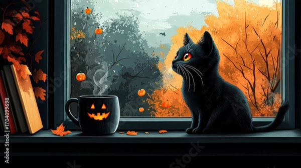 Fototapeta Cute black cat sits by the window with tea on halloween night adding cozy yet spooky charm