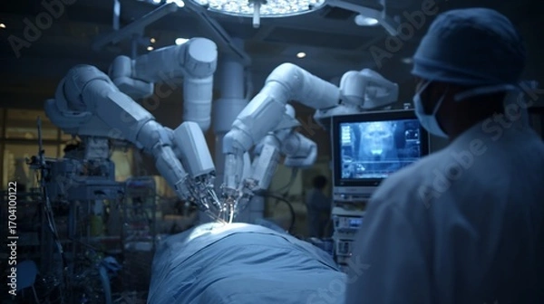 Fototapeta Robotic surgery in a hospital operating room with a doctor in scrubs
