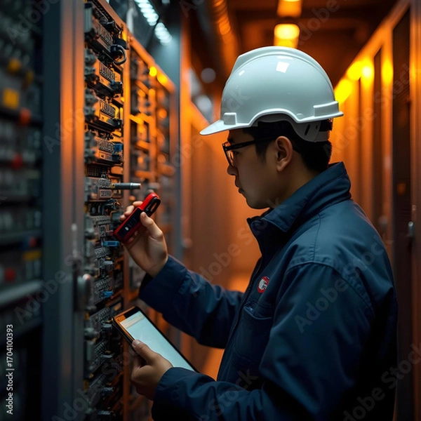 Fototapeta Asian electrical engineer in safety helmet inspecting electrical panel with tools and digital tablet, indoor building site lighting, realism photography style.