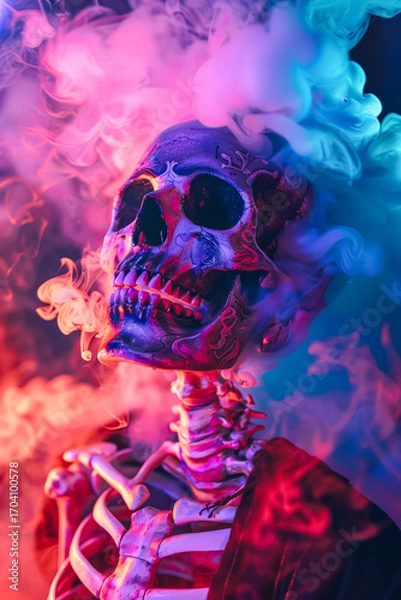 Fototapeta A creepy skeleton appears in a colored mist, creating a spooky Halloween scene Halloween celebration concept