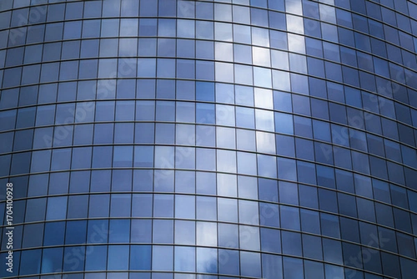 Fototapeta Glass facade of a modern office building with reflective blue windows, showing clouds and sky. Architectural background with geometric grid pattern