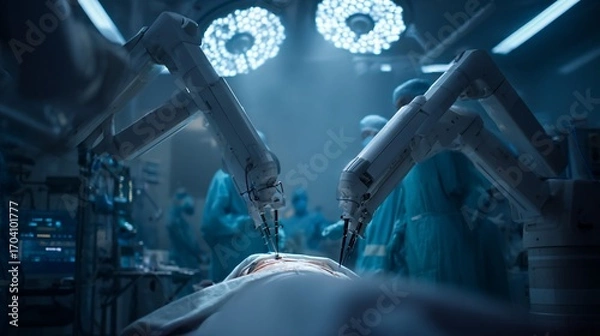 Fototapeta Robotic surgery in operating room, surgeon team obscured, bright lighting