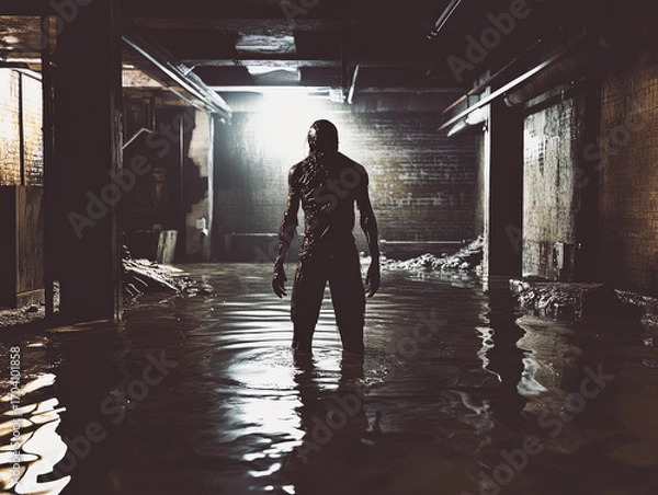 Fototapeta Scary zombies and monsters wander through an abandoned old building on halloween, halloween night