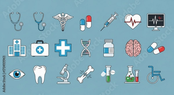 Obraz Collection of medical icons representing various healthcare elements, including stethoscope, dna, brain, tooth, and other medical symbols on a blue background