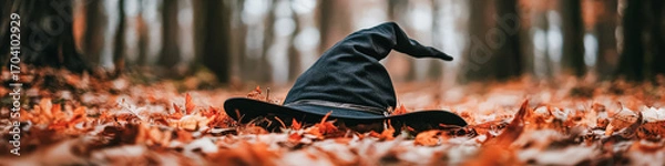 Fototapeta Witch hat rests on fallen leaves in the forest symbolizing mystery and halloween magic