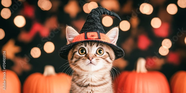 Fototapeta Small kitten wears a witch hat looking both cute and spooky on halloween night