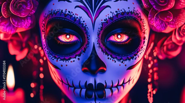 Fototapeta Womans face painted in skeleton or santa muerte style creating haunting halloween look