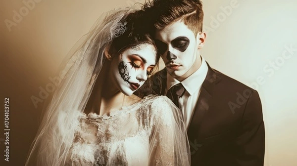 Fototapeta Couple in love, painted with terrifying Halloween makeup, posing together in a spooky holiday mood