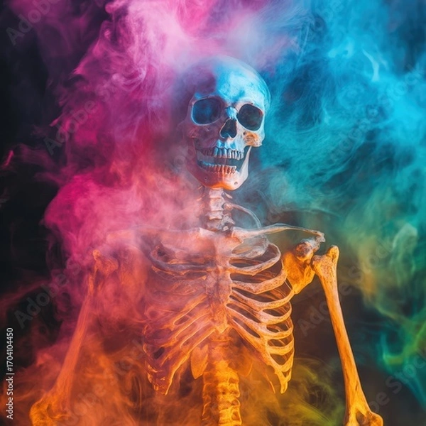 Fototapeta A burning skeleton appears in a colored mist against a dark background, creating a spooky Halloween scene. Halloween celebration concept