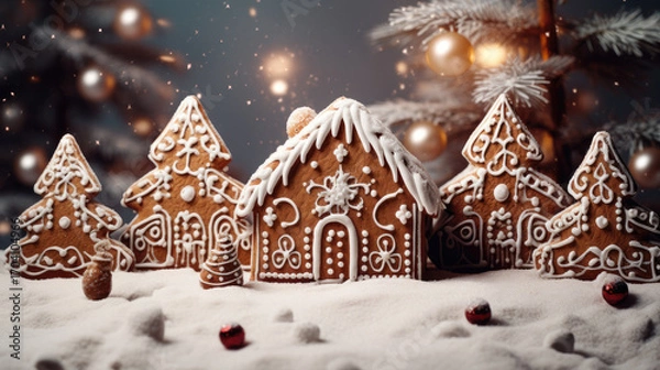 Fototapeta Decorated Gingerbread House with Sugar Glaze Surrounded by Fir Trees — Merry Christmas