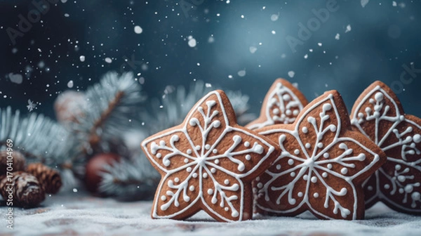 Fototapeta Decorated Gingerbread House with Sugar Glaze Surrounded by Fir Trees — Merry Christmas