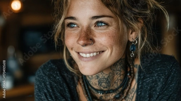 Fototapeta Smiling woman with tattoos and piercings enjoying a cozy atmosphere in a rustic setting