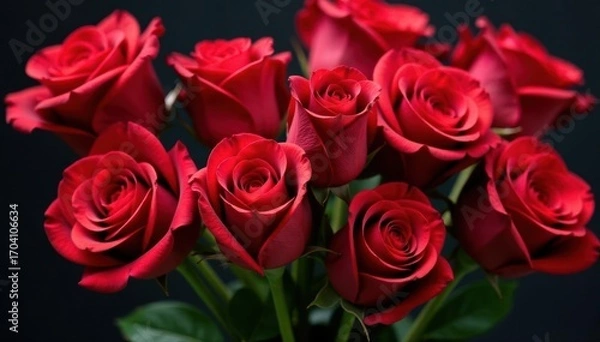 Fototapeta Arrangement of several red roses, varying bloom stages , passion, bouquet