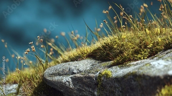 Fototapeta Rock edge overgrown with grass and moss, blurred blue background, close-up
