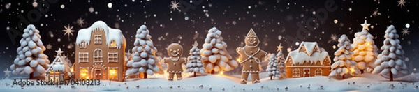 Fototapeta Decorated Gingerbread House with Sugar Glaze Surrounded by Fir Trees — Merry Christmas