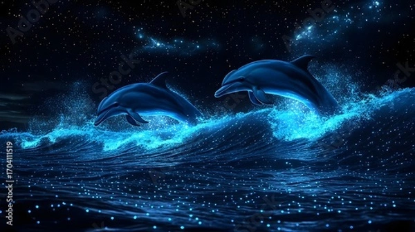 Fototapeta Dolphins leaping through glowing bioluminescent waves under a starry night sky