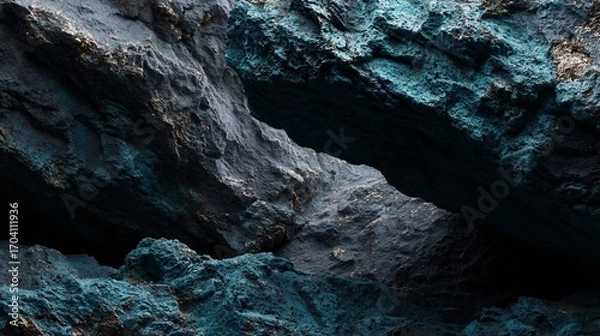 Fototapeta Rock formation with cave opening; rough texture, grey and teal hues