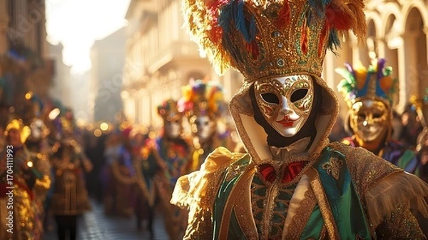 Fototapeta Colorful carnival costume and mask in a crowded Venice street